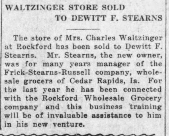 Waltzinger Store Sold to Dewitt F Stearns